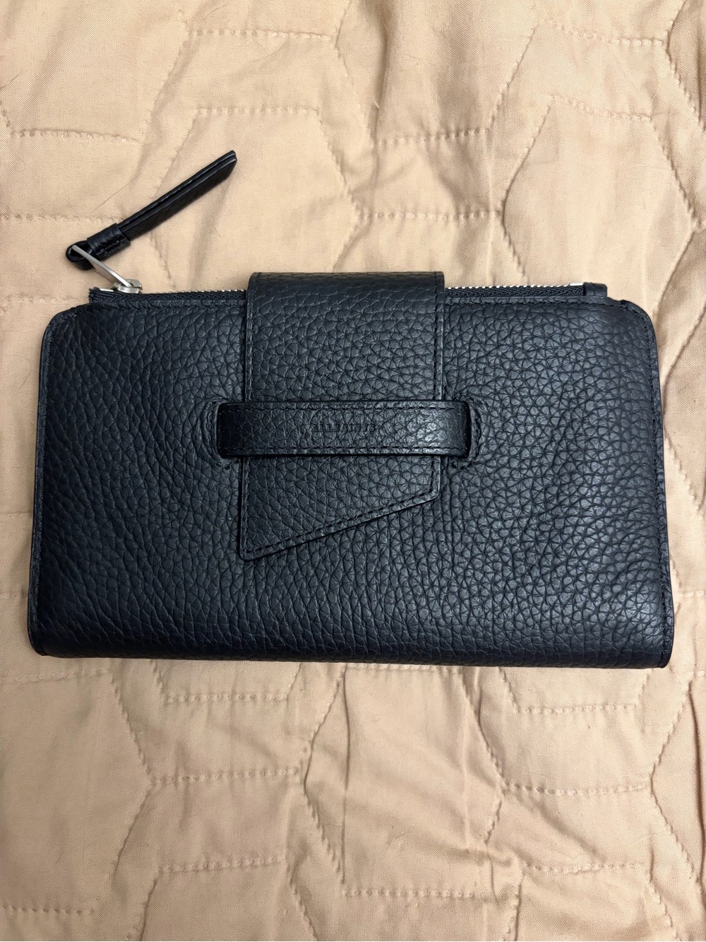 All Saints Black Pebbled Leather Wristlet Wallet with Strap Detail